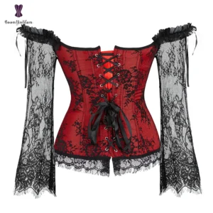 Corset Top Bustier Lingerie Women with Long Sleeves Renaissance Plus Size Lace Floral Sexy Costumes Burlesque Red Black