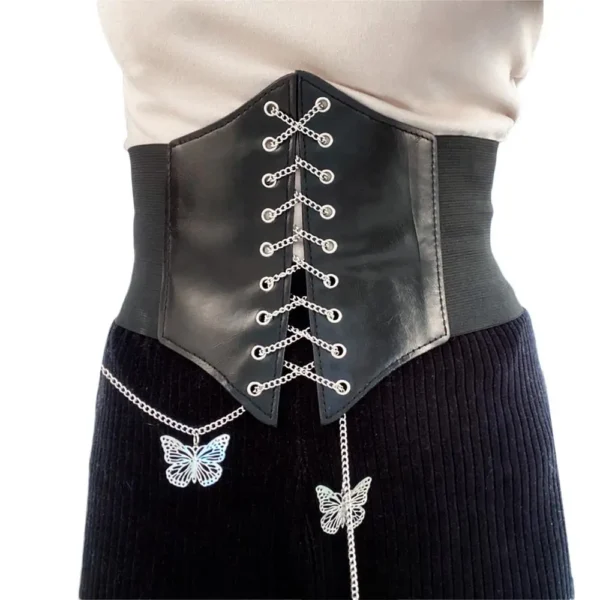 Fashion Ultra Super Wide Cummerbunds Metal Butterfly Chain Corset Belt Fashion Pu Leather High Waist Belt Clothing Accesoories - Image 2