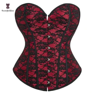 Gothic Victorian 12 Plastic Bones Lace Up Red Overbust Corset Women Plus Size Underwear Corselet With G String