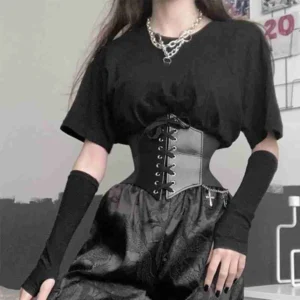 Women Corset Belt Gothic Fashion PU Leather Female Lace-up Corset Belts Slimming Waist Vintage Corset Black Wide Belt for Girls